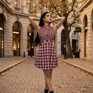 Vintage Plaid Sleeveless Mini Dress in Red and White